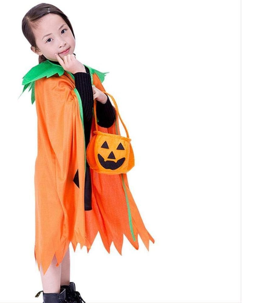     			Kaku Fancy Dresses Pumpkin Dress Robe Cape with Pumpkin Shape Candy Basket for Halloween Costume for Kids - Orange, 10-12 Years