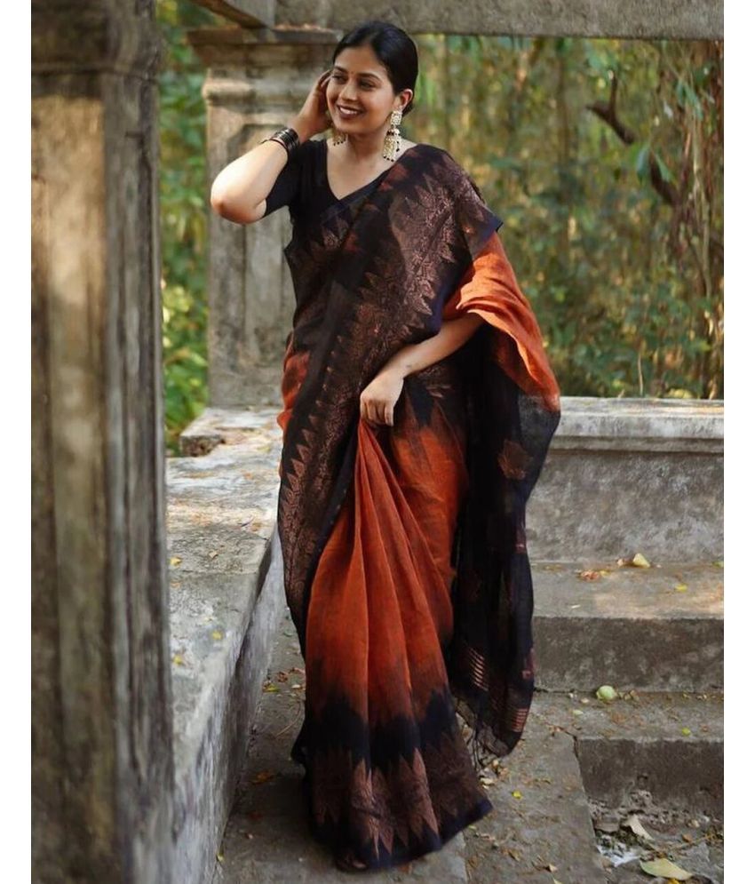     			Rangita Women Zari Work Embellished Silk Blend Saree with Blouse Piece - Rust