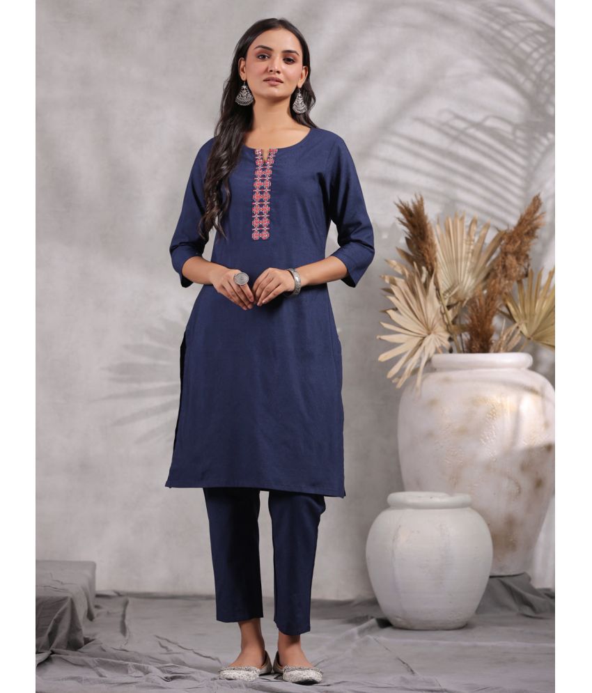     			Anubhutee Cotton Solid Kurti With Pants Women's Stitched Salwar Suit - Navy Blue ( Pack of 1 )