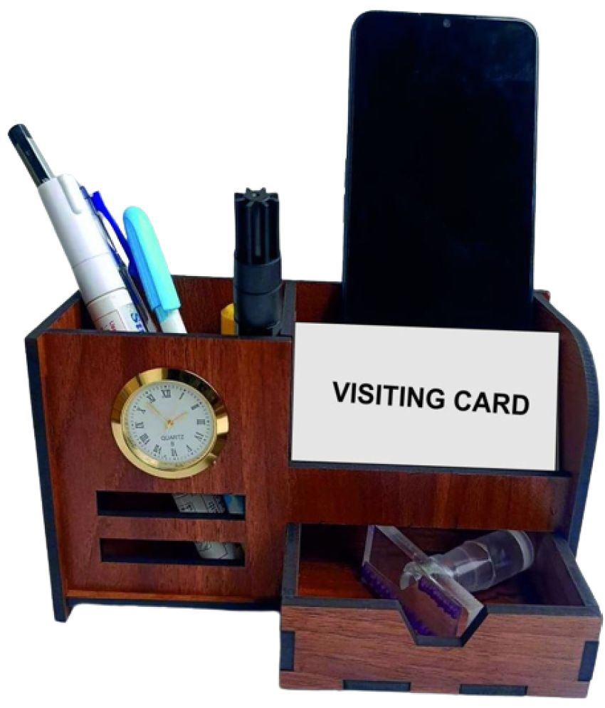     			BIG BOSS ENTERPRISES Pen Stand With Watch And Drawer For Table Stylish | Wooden Pen Stand With Clock, Mobile and Visiting Card Holder for Office Desk and Study Table
