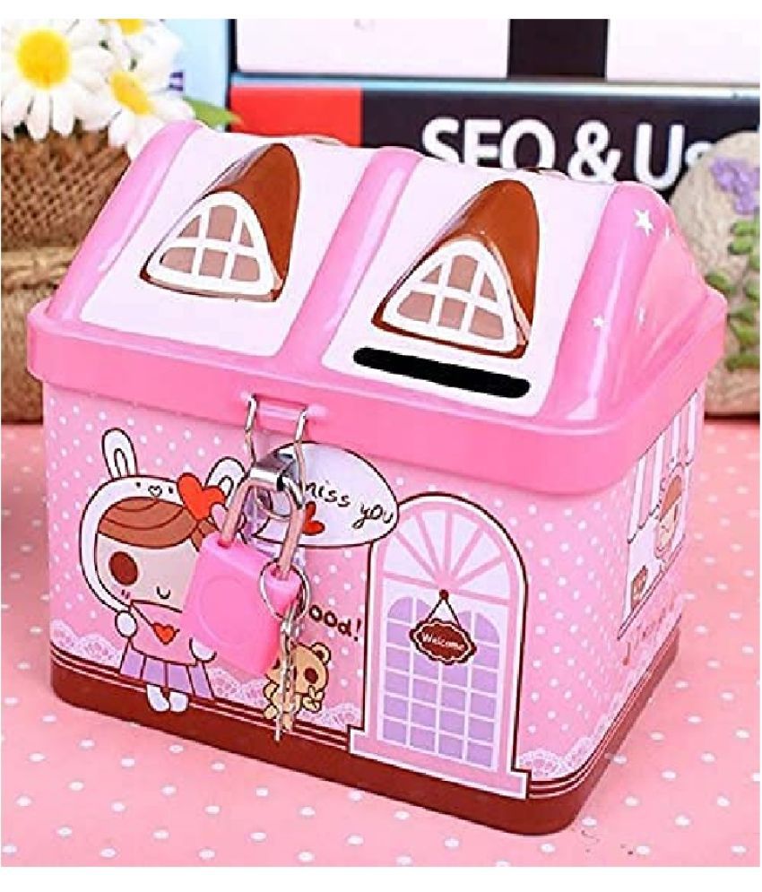     			Hut Shape Cartoon Printed Metal Coin Bank Piggy Bank for Kids with Lock(Pink)