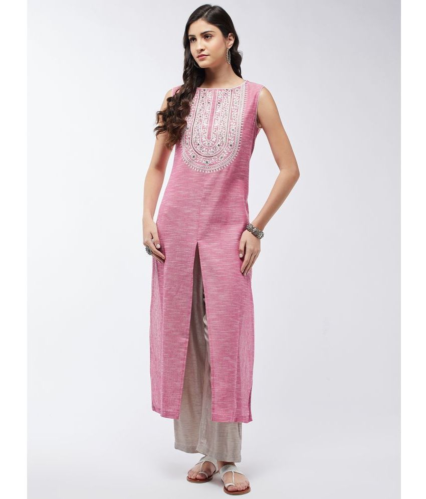     			Pannkh Cotton Blend Embroidered Front Slit Women's Kurti - Pink ( Pack of 1 )