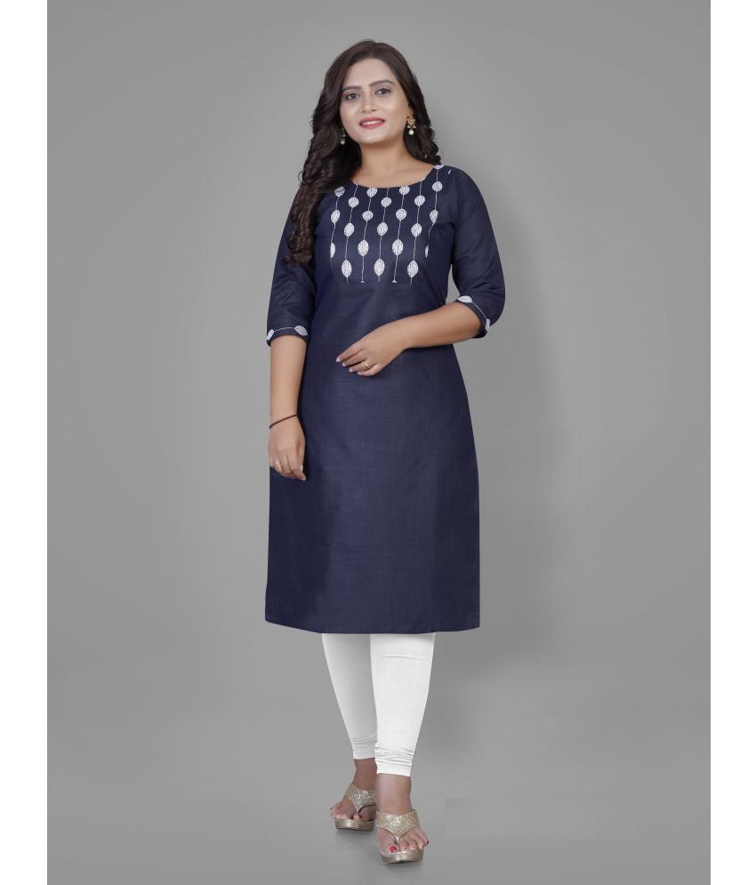     			RIAANA Cotton Blend Embroidered Straight Women's Kurti - Blue ( Pack of 1 )