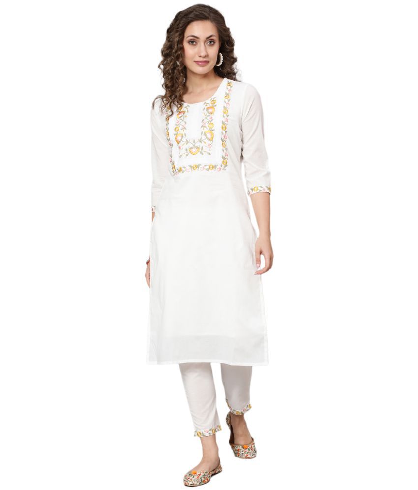     			Antaran Cotton Embroidered Kurti With Pants Women's Stitched Salwar Suit - White ( Pack of 1 )