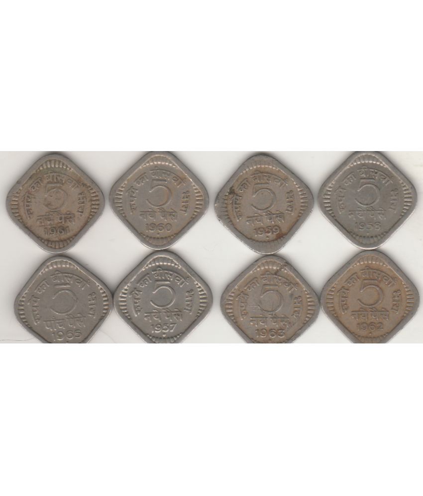     			NUMISMATTECLY  RARE AND COLLECTIBLE -FIVE NEW PESSA -2OTH PART OF ONE RUPEES-8  C0INS SET,YEAR-1957-58-59-60-61-62-63-1965 YEARS.METAL-COPPER NICKLE.IN EXTRA FINE CONDITION