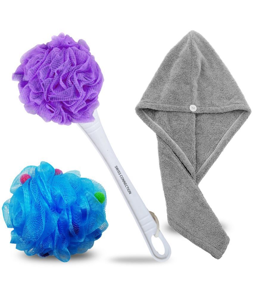     			Swiss Connection Back Body Scrubber-Hair Towel Loofah Assorted Pack of 3