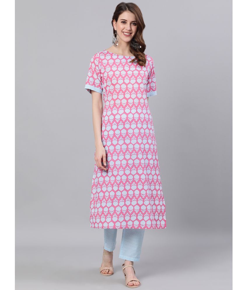     			Antaran Cotton Printed Kurti With Pants Women's Stitched Salwar Suit - Pink ( Pack of 1 )