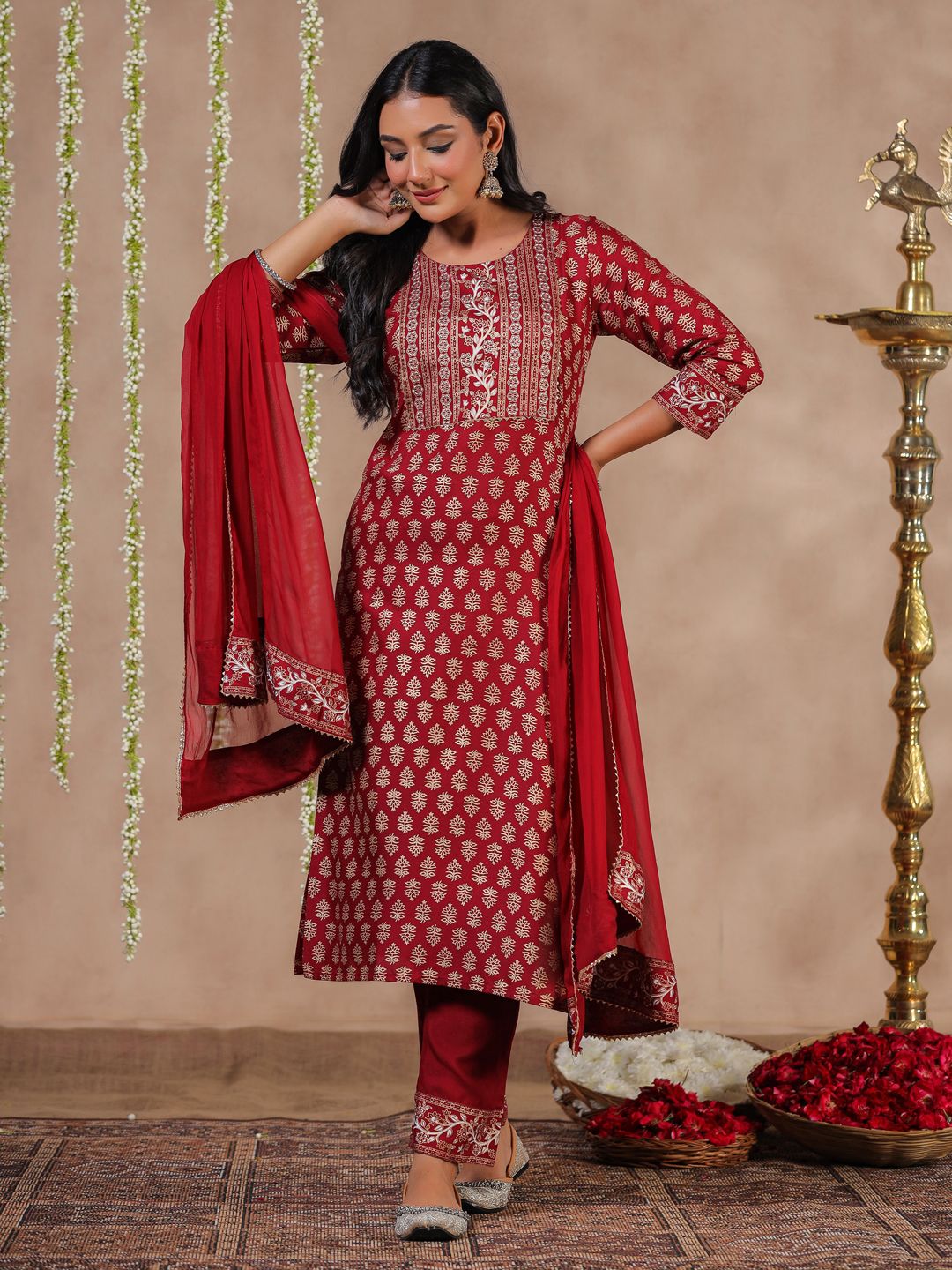     			Anubhutee Rayon Embroidered Kurti With Pants Women's Stitched Salwar Suit - Maroon ( Pack of 1 )