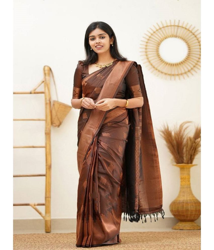     			Apnisha Jacquard Embellished Saree With Blouse Piece - Brown ( Pack of 1 )