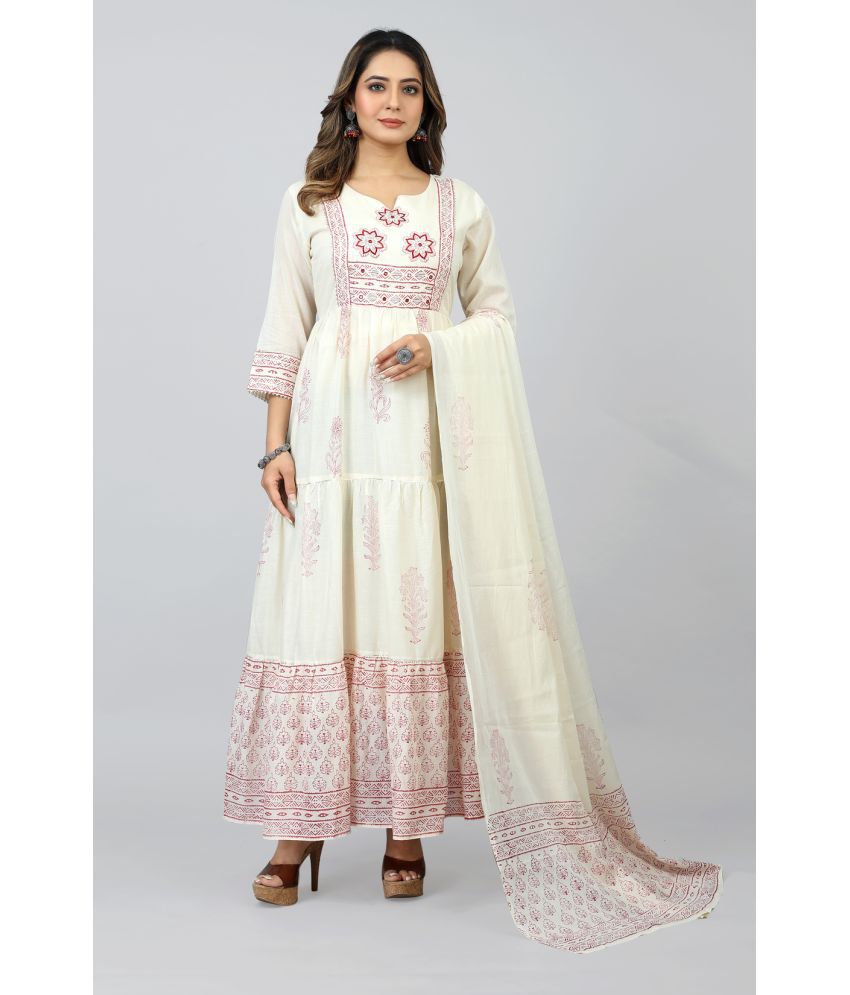     			SARRAS - Off White Flared Cotton Women's Stitched Ethnic Gown ( Pack of 1 )