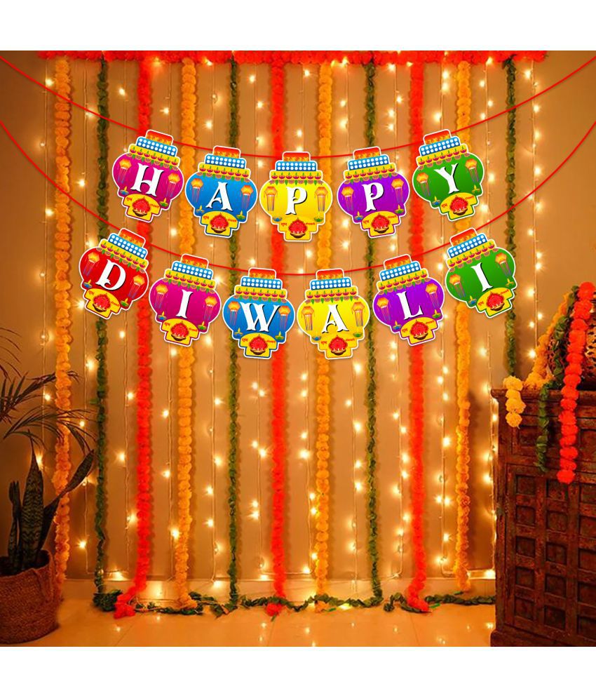     			Zyozi Diwali Decorations Kit | Diwali Decorations for Indian Party Decorations Hindu Lights - Happy Diwali Banner And Rice Light (Pack Of 2)
