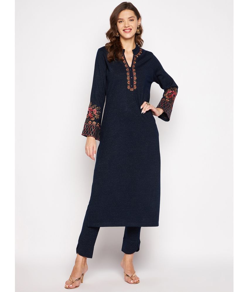     			zigo Woollen Embroidered Kurti With Palazzo Women's Stitched Salwar Suit - Navy ( Pack of 1 )