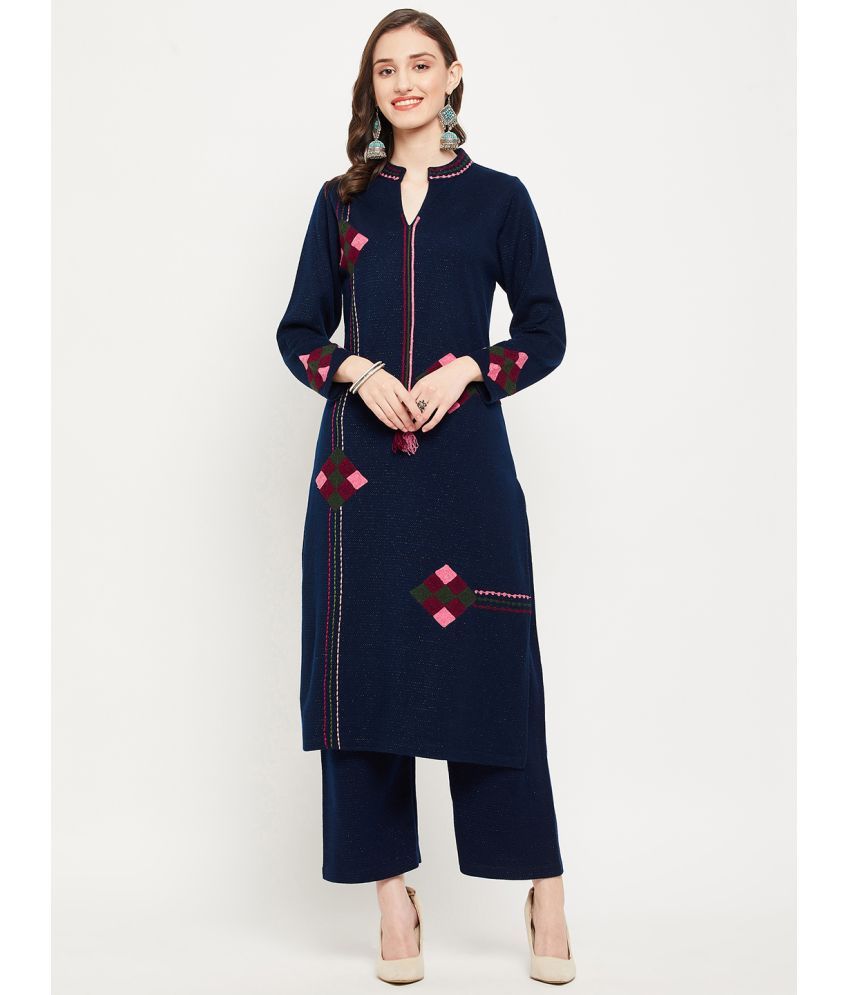     			zigo Woollen Embroidered Kurti With Palazzo Women's Stitched Salwar Suit - Navy ( Pack of 1 )