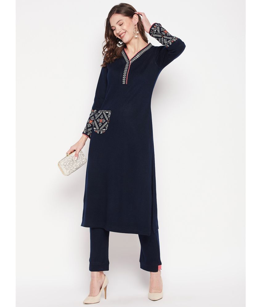     			zigo Woollen Embroidered Kurti With Palazzo Women's Stitched Salwar Suit - Navy ( Pack of 1 )