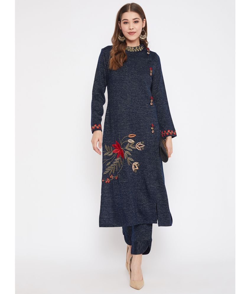     			zigo Woollen Embroidered Kurti With Palazzo Women's Stitched Salwar Suit - Navy ( Pack of 1 )