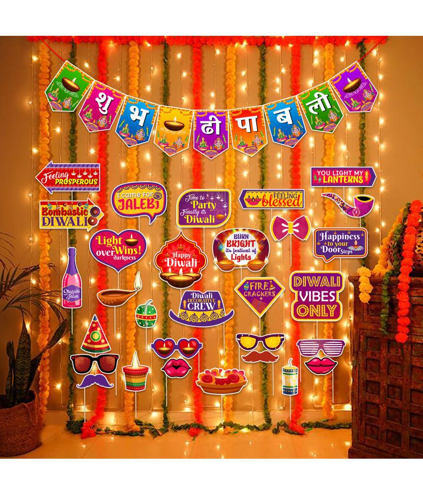     			Zyozi Diwali Decorations Kit | Diwali Decorations Items For Diwali Festival | Diwali Combo Kit - Shubh Deepawali Banner with Photo Booth Props & Rice Light (Pack Of 32)