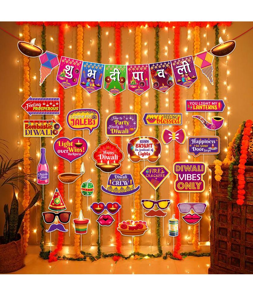     			Zyozi Happy Diwali Decorations Kit, Diwali Festival of Lights, Diwali Decorations Items - Multicolor Diwali Banner, Photo Booth Props & Rice Light (Pack Of 32)