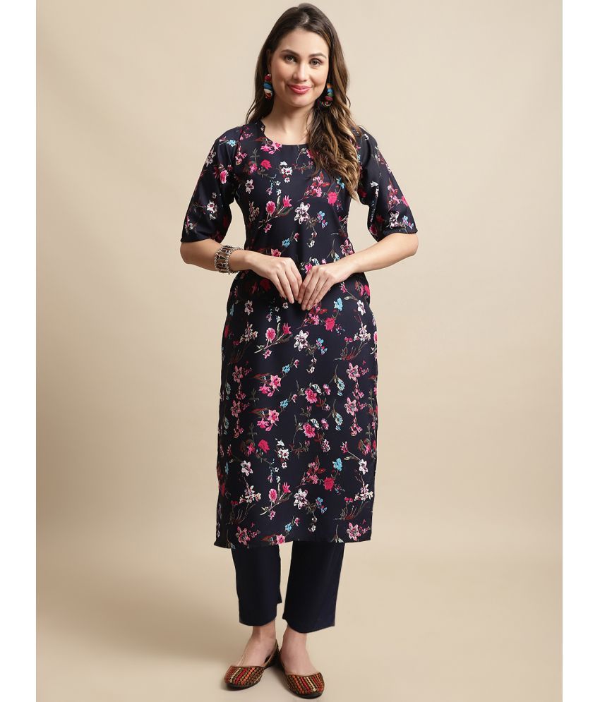     			7Threads Crepe Printed Straight Women's Kurti - Navy Blue ( Pack of 1 )