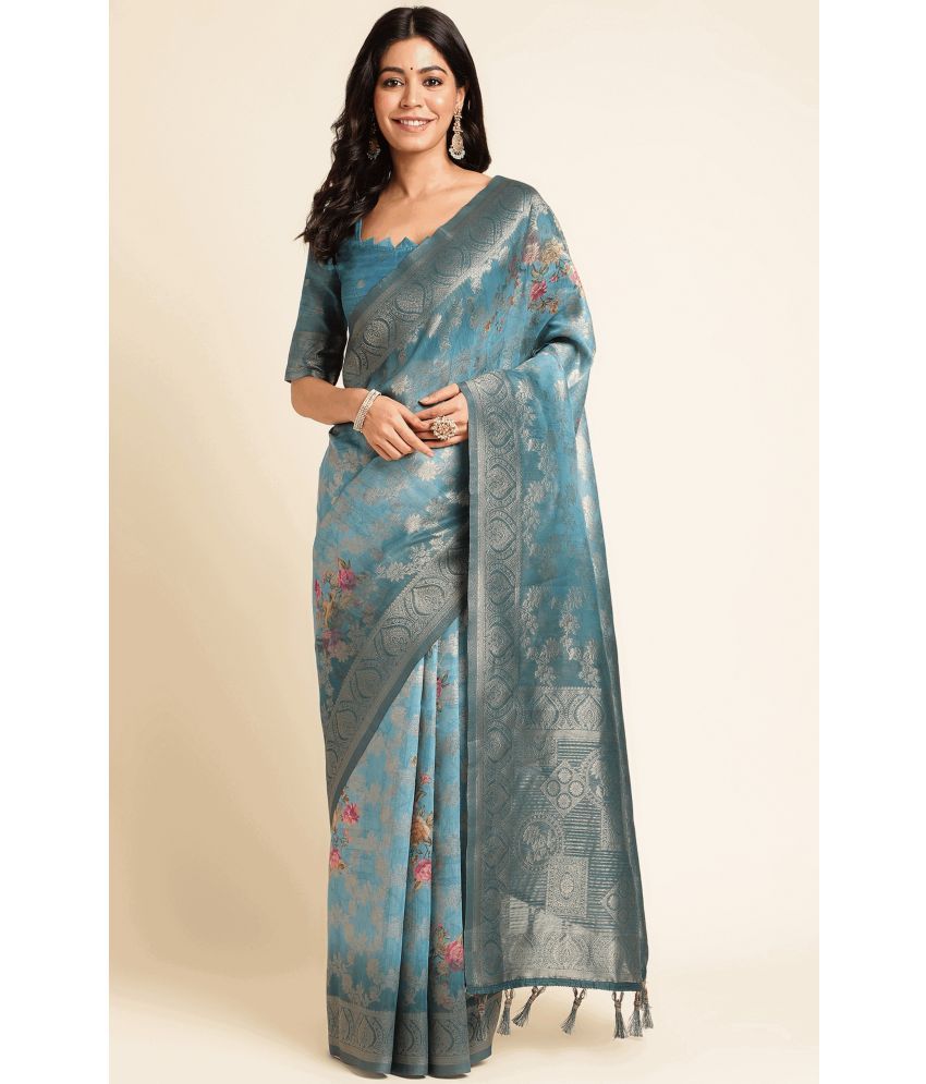     			Rekha Maniyar Cotton Silk Printed Saree With Blouse Piece - Blue ( Pack of 1 )