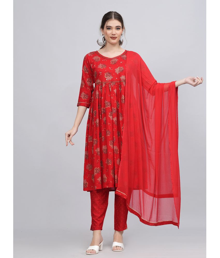     			HIGHLIGHT FASHION EXPORT Rayon Printed Kurti With Pants Women's Stitched Salwar Suit - Red ( Pack of 1 )