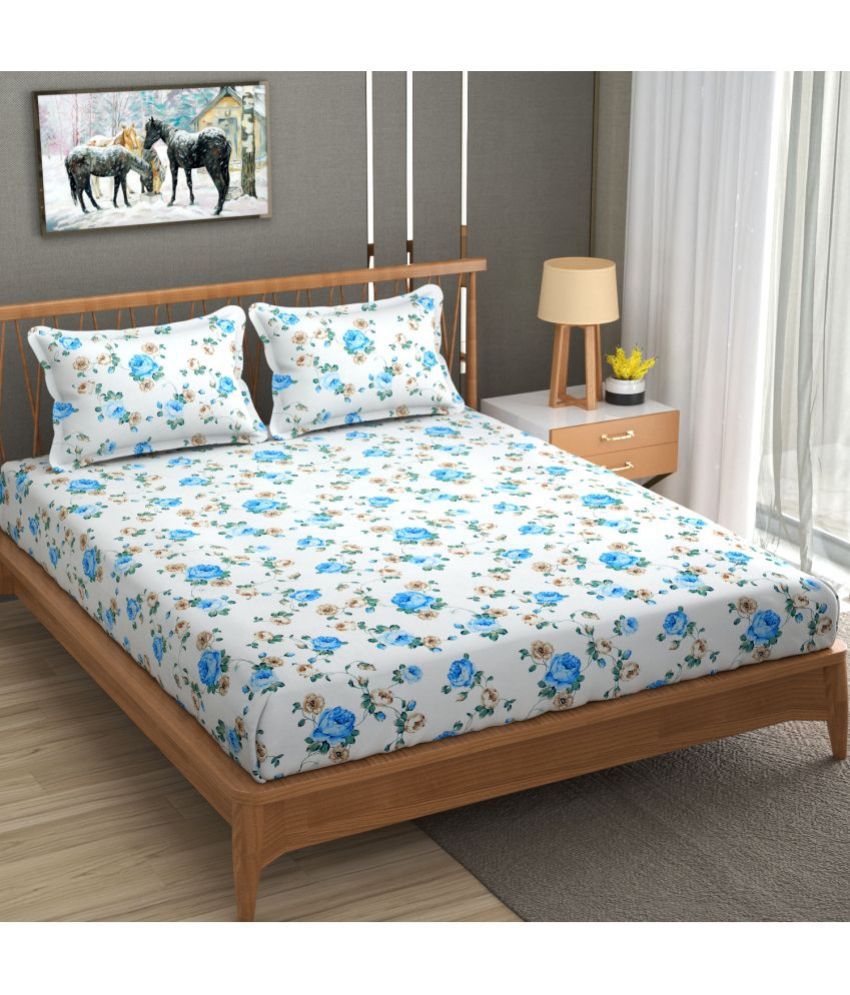     			Homefab India Microfiber Floral Double Bedsheet with 2 Pillow Covers - Blue