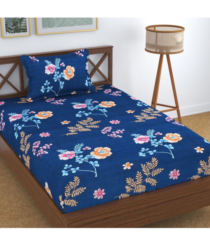     			Homefab India Microfiber Floral Single Bedsheet with 1 Pillow Cover - Blue