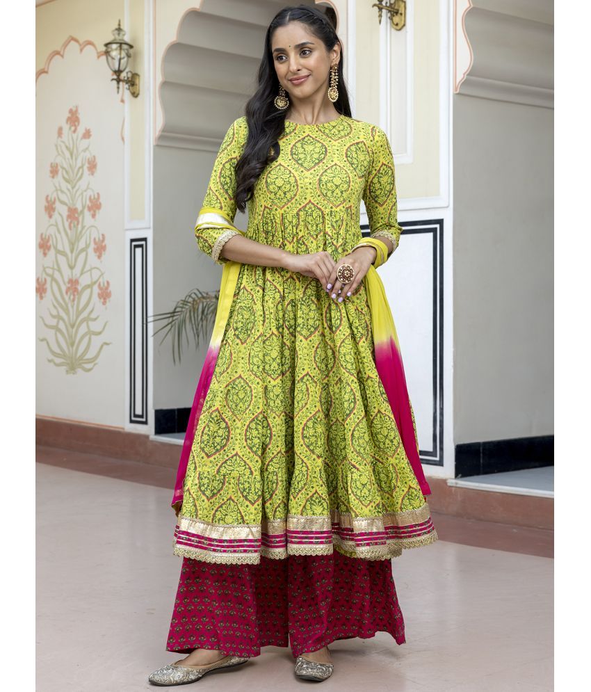     			Janasya Cotton Printed Kurti With Palazzo Women's Stitched Salwar Suit - Lime Green ( Pack of 1 )