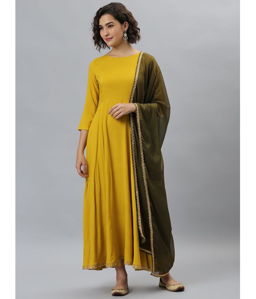     			Janasya Mustard Flared Rayon Women's Stitched Ethnic Gown ( Pack of 1 )