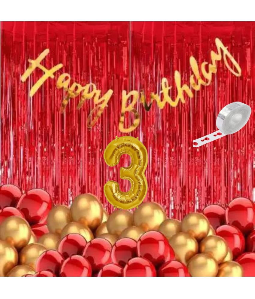     			KR 3RD/ THIRD HAPPY BIRTHDAY PARTY DECORATION  WITH 1 GOLD BUNTING BANNER,50 RED GOLD BALLOON, 2 RED CURTAIN & 1 ARCH 3 NO. GOLD FOIL BALLOON