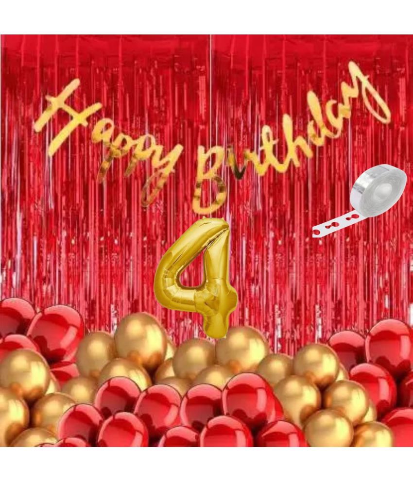     			KR 4TH/ FOURTH HAPPY BIRTHDAY PARTY DECORATION  WITH 1 GOLD BUNTING BANNER,50 RED GOLD BALLOON, 2 RED CURTAIN & 1 ARCH 4 NO. GOLD FOIL BALLOON