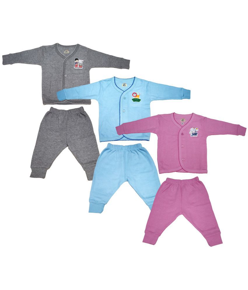     			Lux Inferno Grey, Pink and SkyBlue Front Open Full Sleeves Upper & Lower Thermal Set for Unisex/Kids/Baby - Pack of 3 (#Toddler)