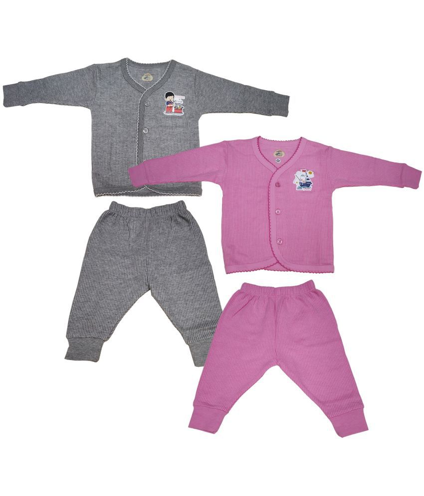     			Lux Inferno Grey and Pink Front Open Full Sleeves Upper & Lower Thermal Set for Unisex/Kids/Baby - Pack of 2 (#Toddler)