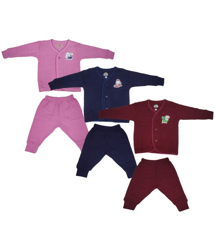     			Lux Inferno Maroon, Navy and Pink Front Open Full Sleeves Upper & Lower Thermal Set for Unisex/Kids/Baby - Pack of 3 (#Toddler)