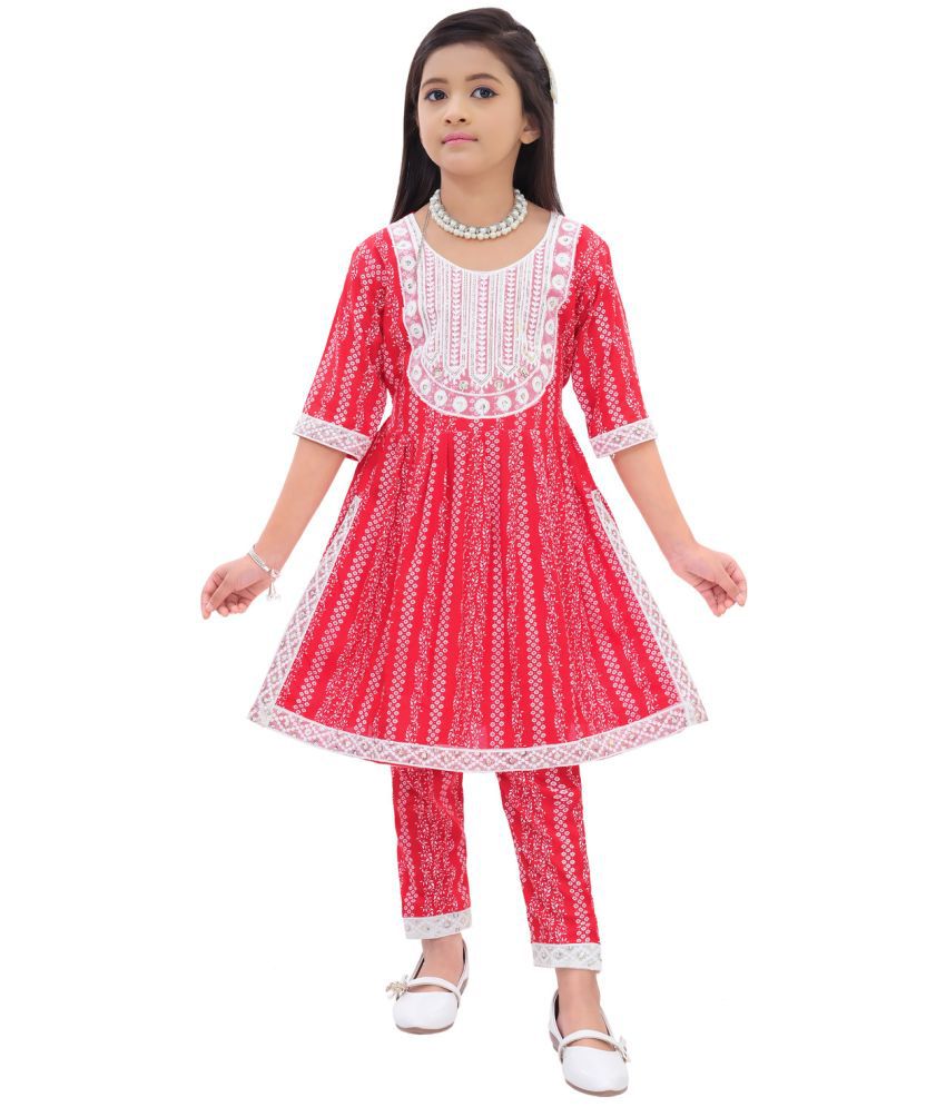     			M.MONGELS DRESSES Red Cotton Blend Girls Kurti With Pants ( Pack of 1 )