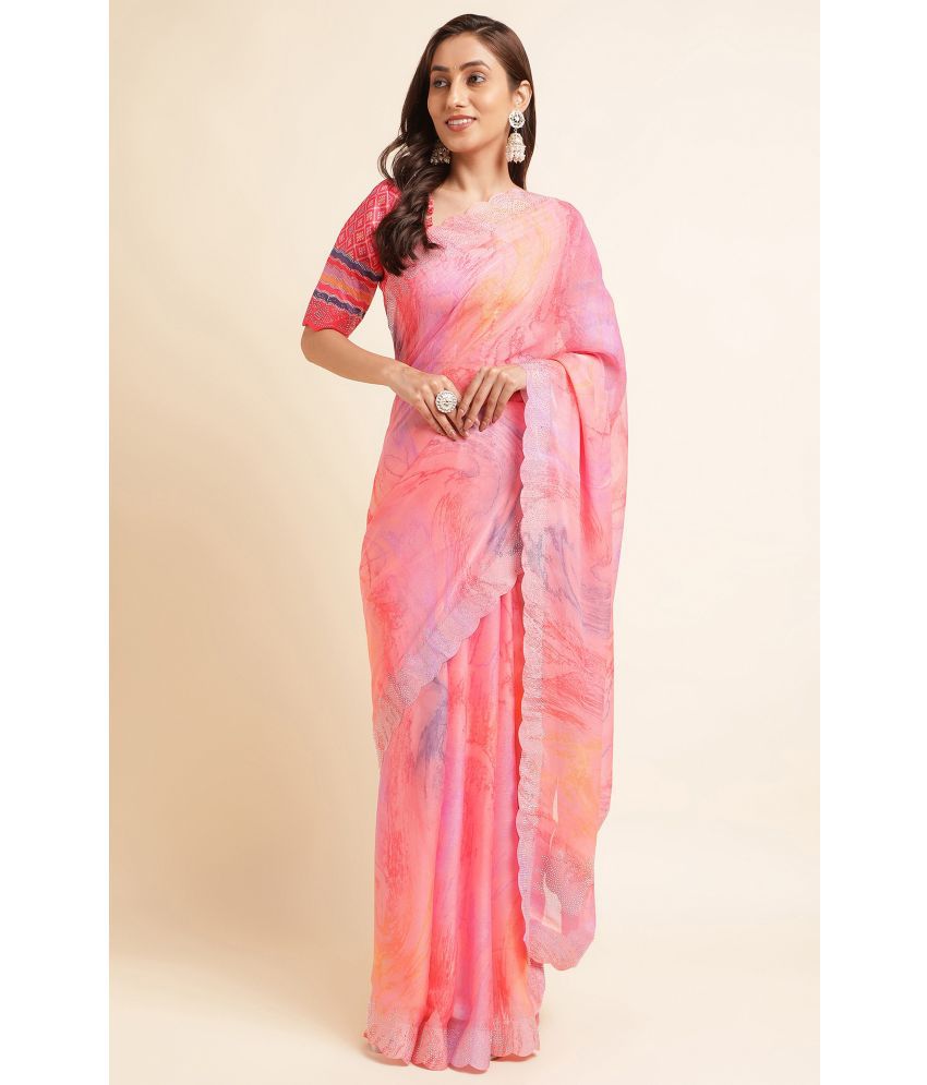     			Rekha Maniyar Chiffon Dyed Saree With Blouse Piece - Fluorescent Pink ( Pack of 1 )