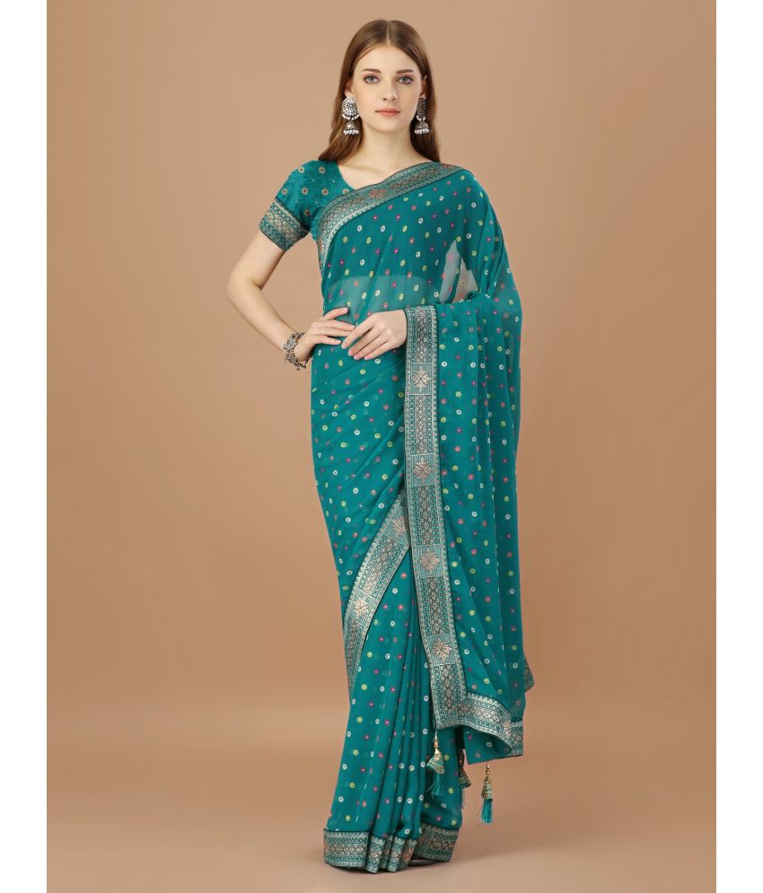     			Rekha Maniyar Fashions Georgette Printed Saree With Blouse Piece - Teal ( Pack of 1 )
