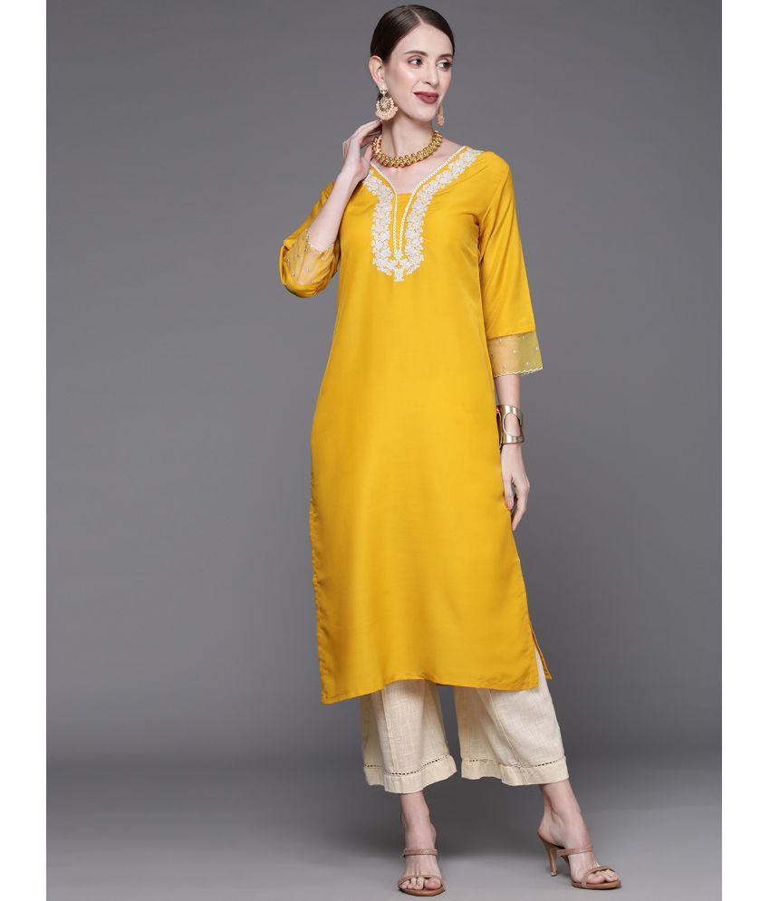     			Varanga Art Silk Embroidered Straight Women's Kurti - Yellow ( Pack of 1 )