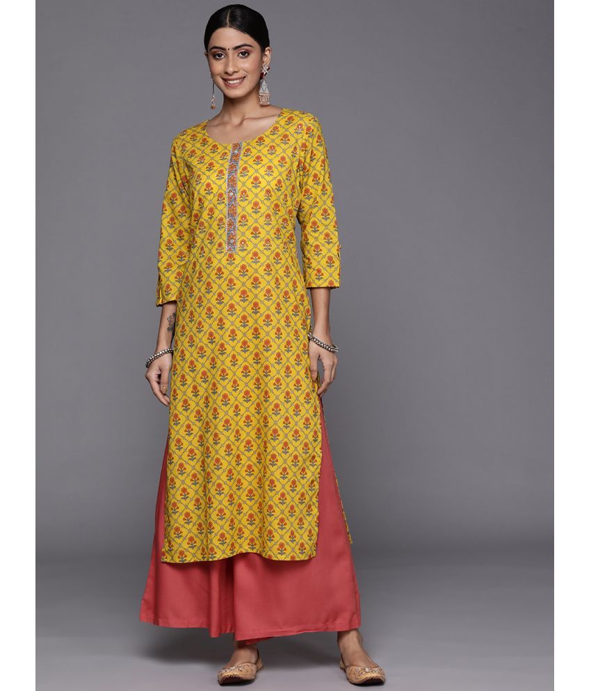     			Varanga Cotton Printed Straight Women's Kurti - Yellow ( Pack of 1 )