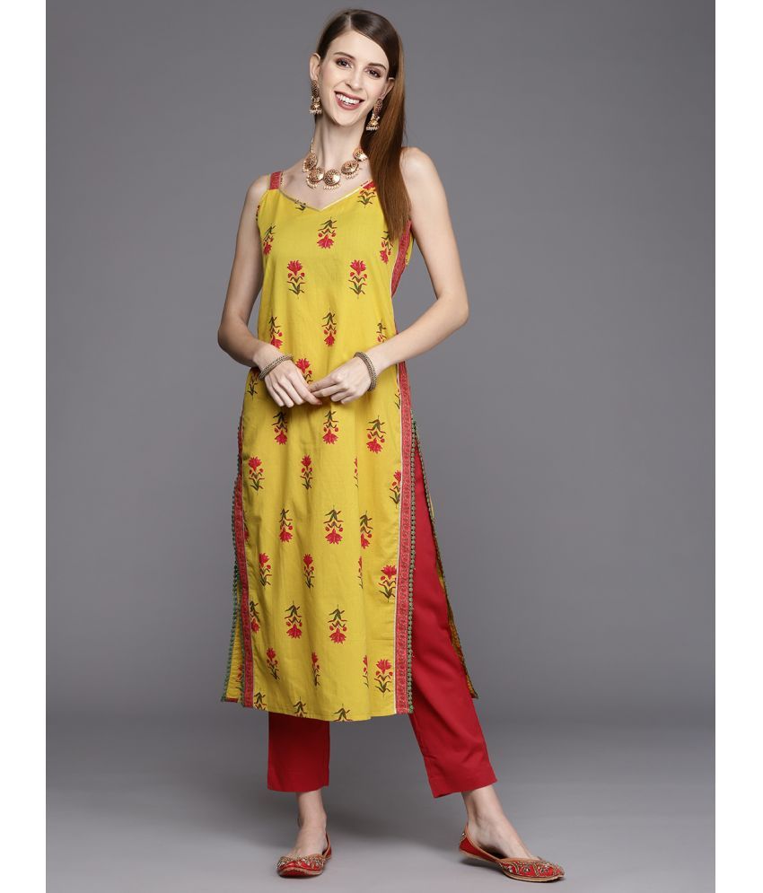     			Varanga Cotton Printed Straight Women's Kurti - Yellow ( Pack of 1 )