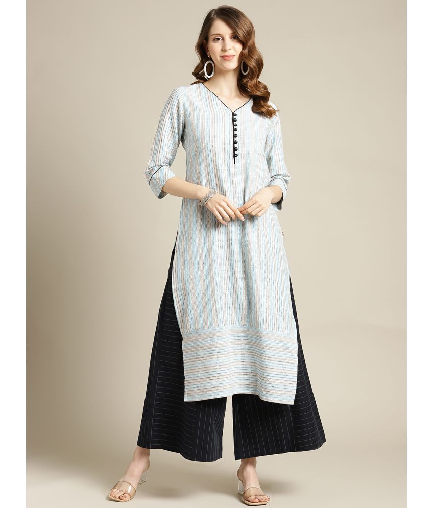     			Varanga Cotton Striped Straight Women's Kurti - Blue ( Pack of 1 )