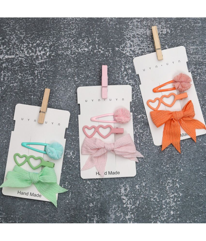     			Yellow Bee Sets Fabric & Metal Bow & Heart Detailed Hair Clips Pack Of 3, Aqua,Pink & Orange