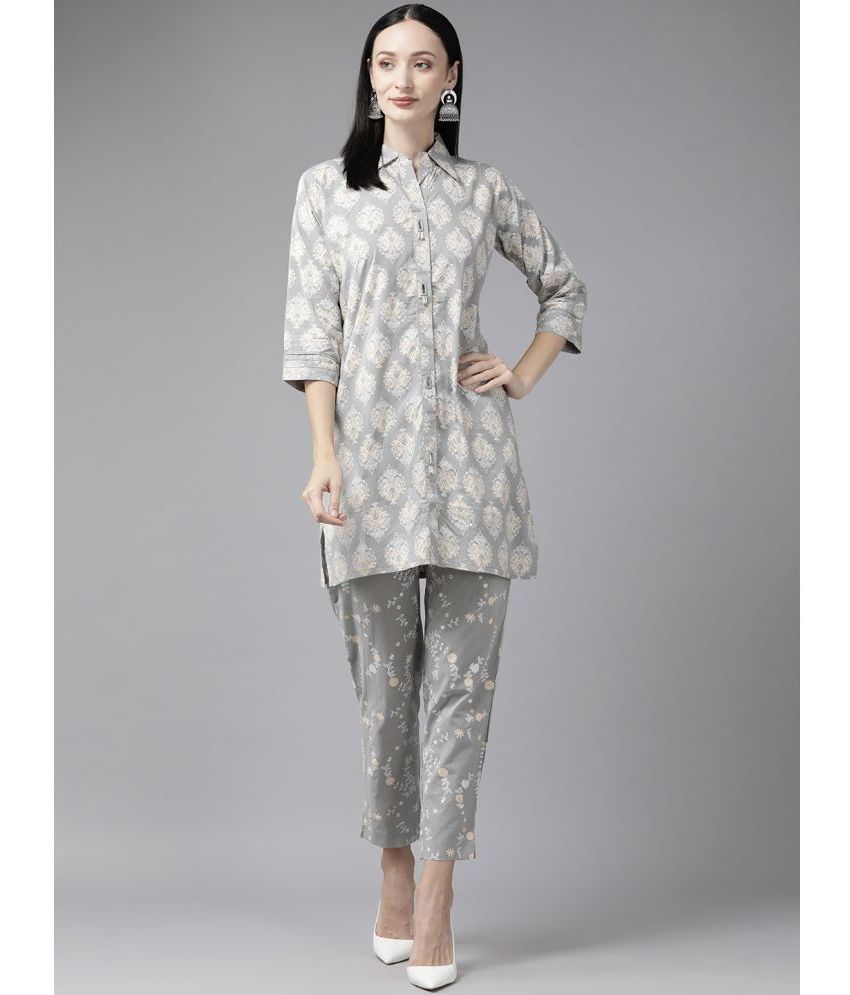     			Aarika Cotton Printed Kurti With Pants Women's Stitched Salwar Suit - Grey ( Pack of 1 )