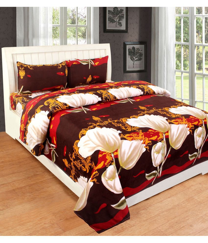    			Exopick Poly Cotton Floral Double Bedsheet with 2 Pillow Covers - Brown