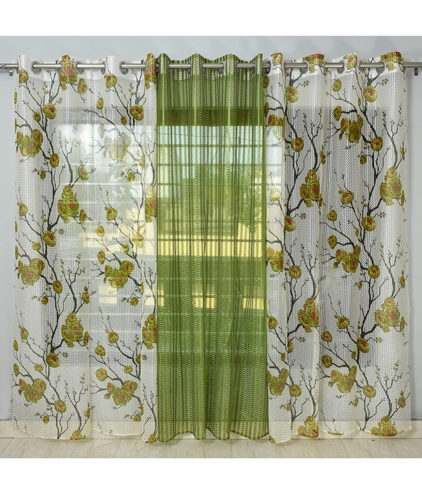     			Homefab India Floral Sheer Eyelet Curtain 7 ft ( Pack of 3 ) - Green