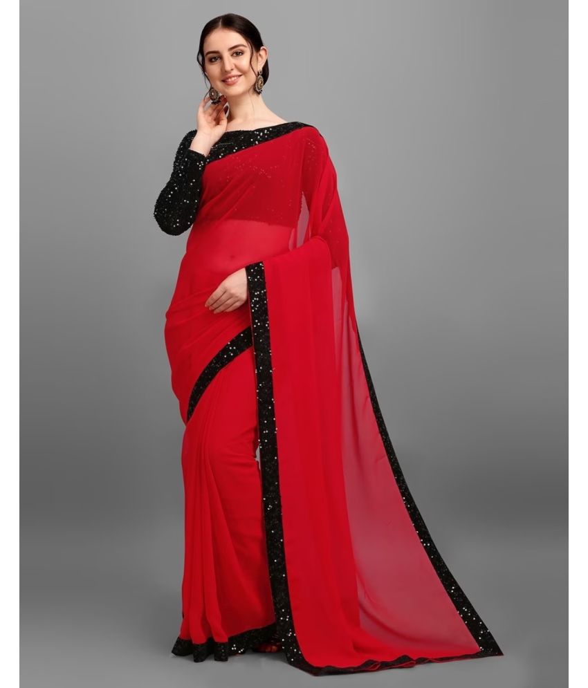     			JULEE Georgette Embellished Saree With Blouse Piece - Red ( Pack of 1 )