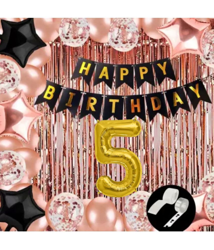     			KR 5TH / FIFTH BIRTHDAY DECORATION WITH HAPPY BIRTHDAY BLACK BANNER ( 13 ), 2 ROSE GOLD CURTAIN 2 BLACK 2 ROSE GOLD STAR 1 ARCH 1 GLUE 5 CONFETTI 30 ROSE GOLD BALLOON 5 NO. GOLD FOIL BALLOO