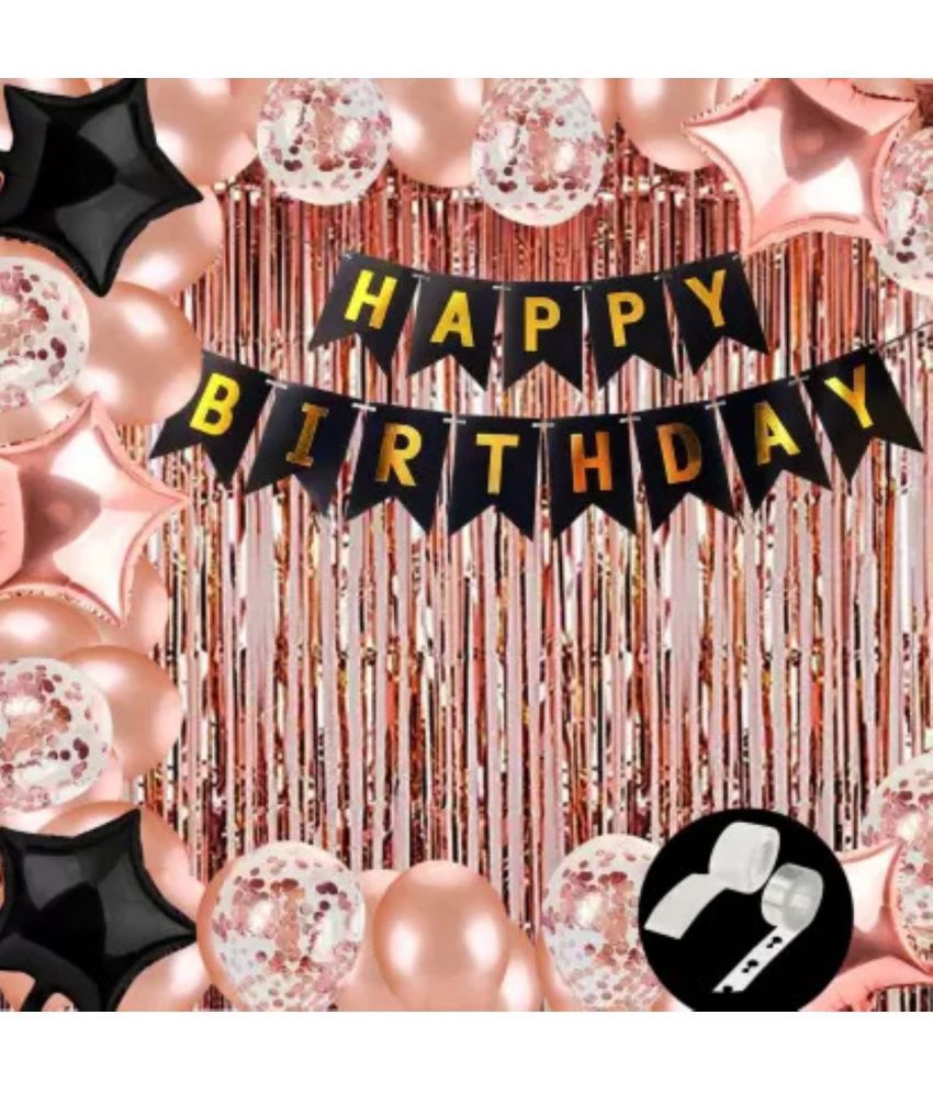     			KR BEAUTIFULL BIRTHDAY DECORATION WITH HAPPY BIRTHDAY BLACK BANNER ( 13 ), 2 ROSE GOLD CURTAIN 2 BLACK 2 ROSE GOLD STAR 1 ARCH 1 GLUE 5 CONFETTI 30 ROSE GOLD BALLOON