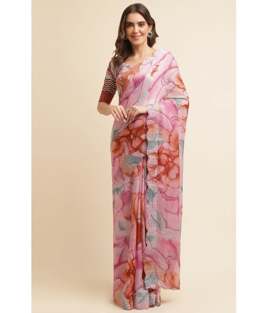     			Rekha Maniyar Chiffon Printed Saree With Blouse Piece - Pink ( Pack of 1 )