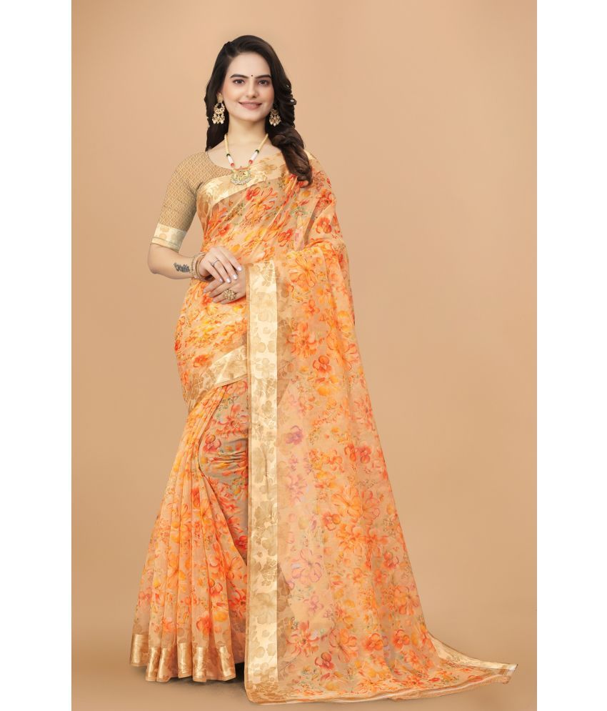     			Rekha Maniyar Fashions Linen Printed Saree With Blouse Piece - Orange ( Pack of 1 )