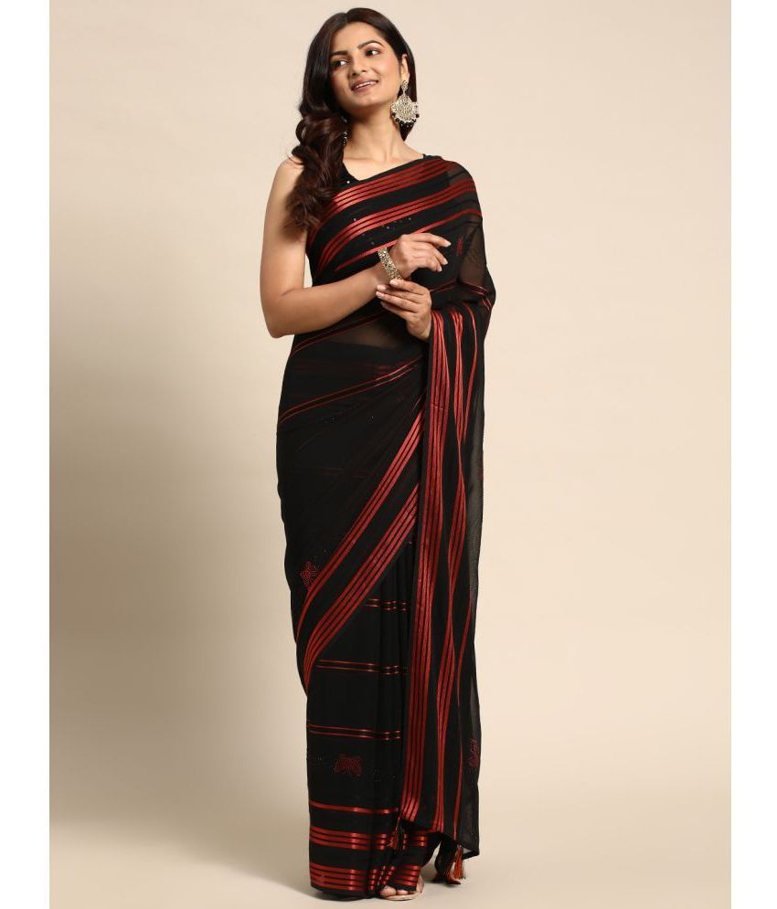     			Rekha Maniyar Georgette Striped Saree With Blouse Piece - Black ( Pack of 1 )